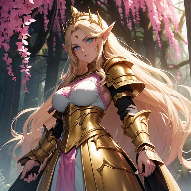 (Absurdres, master piece, best high quality image, very detailed features, very detailed textures, carefuly detailed with no deformed parts in all the artwork, warcraft-aesthetic), solo character alone, with complete fantasy armor, no-revealing body feature.)
{{1character Elf woman milf: (fair skin, golden blonde yellow long hair, light blue eyes, beautiful face), (wearing a pink full plate elvish pink knight pink armor, all the body full armed and suited in pink steel, full pink helmet with a white helm tail), (holding a golden broadsword, Angry expression, charging to battle and holding her sword in the forest)}}