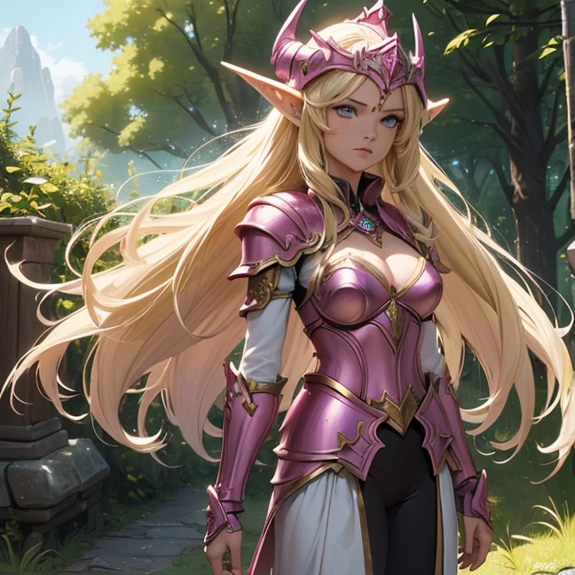 (Absurdres, master piece, best high quality image, very detailed features, very detailed textures, carefuly detailed with no deformed parts in all the artwork, warcraft-aesthetic), solo character alone, with complete fantasy armor, no-revealing body feature.)
{{1character Elf woman milf: (fair skin, golden blonde yellow long hair, light blue eyes, beautiful face), (wearing a pink full plate elvish pink knight pink armor, all the body full armed and suited in pink steel, full pink helmet with a white helm tail), (holding a golden broadsword, Angry expression, charging to battle and holding her sword in the forest)}}