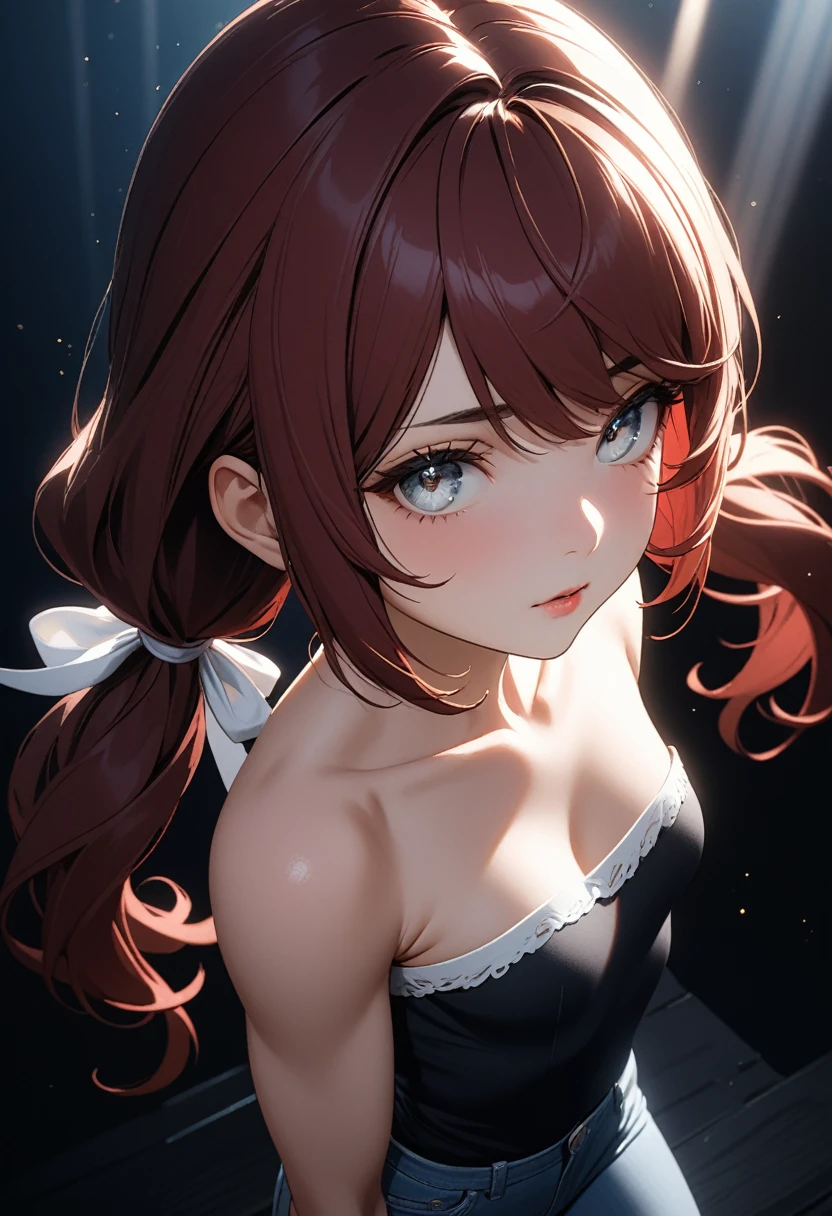 (masterpiece:1.2, Best Quality), (finely detailed beautiful eyes: 1.2), (beautiful, detailed face), High contrast, (Best Illumination, extremely delicate and beautiful), ((Cinematic Light)), Highest Quality, masterpiece, light particles, from above, stoic, Gray eyes, dark red hair, swept bangs, low twin tails, white ribbons, strapless dark blue shirt with white trim, jeans, small breasts, toned arms, 