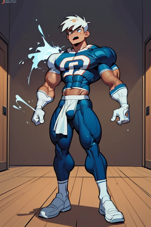 (Masterpiece) (Hyper muscular) (3 boys) Danny Phantom, Dash Baxter, football stadium background, ghost, hypnosis, jock, conversion, locker room hallway, hyper muscles, jockstrap, bro, meathead, hypnotized, brainwashed, brainwashing, big dumb jock, football. Glowing blue eyes. Hyper crotch bulge. Massive bulging crotch. Big balls. Big biceps. Big triceps. Big traps. Broad shoulders. Big meaty pecs. Big thighs. Thick glutes. Hyper muscles. crew cut. Football team assimilation. Well endowed. Clothes turning into Casper High School football uniform. Danny Fenton looks shocked and gradually transitions to a dull vapid expression instead as his eyes glow. Fellow football players lay gloved hands on his shoulder pads. "Gah! What happened to me? I look like a—! Like a ... BIG ... DUMB ... JOCK...." Open mouth. Blank stare. digital painting. Very detailed. Vapid stare. Dumber and dumber. Brain drain. Dash Baxter smirks and says, "That's because that is what you are now, Fenton. You're gonna be just like us. And you're gonna love every minute of it."