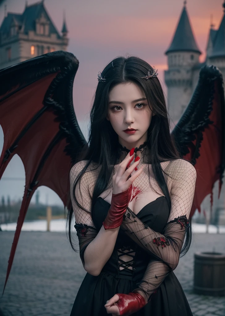 (Realisticな, photo-Realisticな:1.37),(8K, RAW Photos, Highest quality, masterpiece:1.2), Ultra-detailed, 超High resolution, Kodak Vision Color, Filmed with an Arricam LT camera,Highest quality, Lively, 8K, High resolution, 1 female, Japanese、Escape, (Professional Lighting), (Portraiture:0.6), Black Hair, (Medium Hair),23 years old、 (Gothic clothing is red and black) Realistic, a hyperRealistic , ((Perfect beautiful eyes)), Crazy looking condescending look ((Feet Fishnet)) pose for a photo (((The background is an old European castle.、Dracula's House、))) ((Angel Wings)) (((Realistic bloody hand and bloody droplets)))、Hand holding a dagger (((No extra arms))),