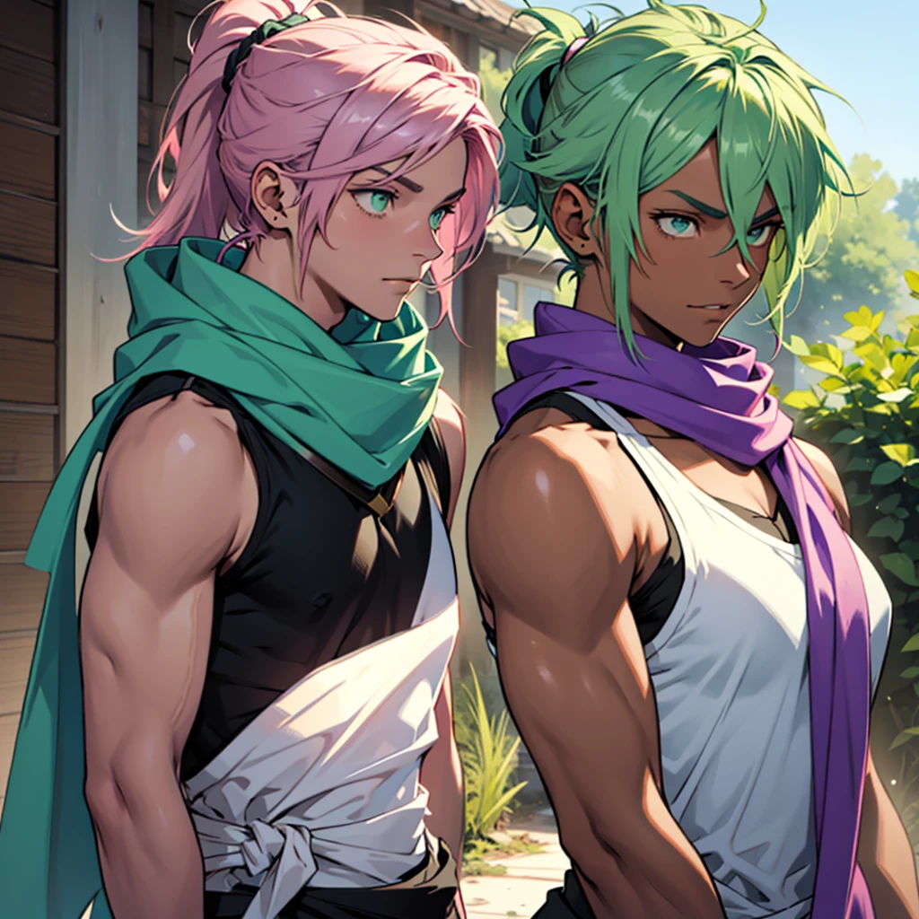 2 people. Male, long light blue-green hair tied in a ponytail, slightly brown skin, green eyes With a purple scarf and a black sleeveless t-shirt..
The other female character, short pink hair, Light blue-almost green eyes dressed like royalty.