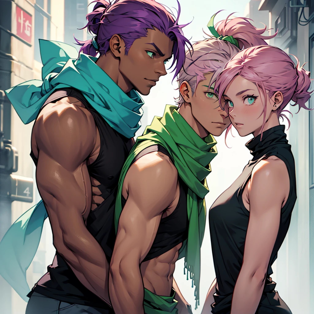2 people. Male, long light blue-green hair tied in a ponytail, slightly brown skin, green eyes With a purple scarf and a black sleeveless t-shirt..
The other female character, short pink hair, Light blue-almost green eyes dressed like royalty.