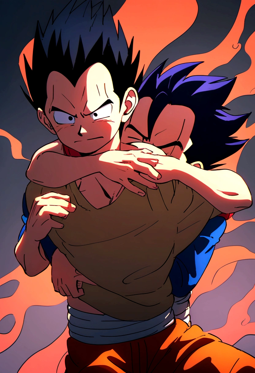 Son Gohan giving blowjob Son Goku's, naked, hairy penis, erotic, on bed