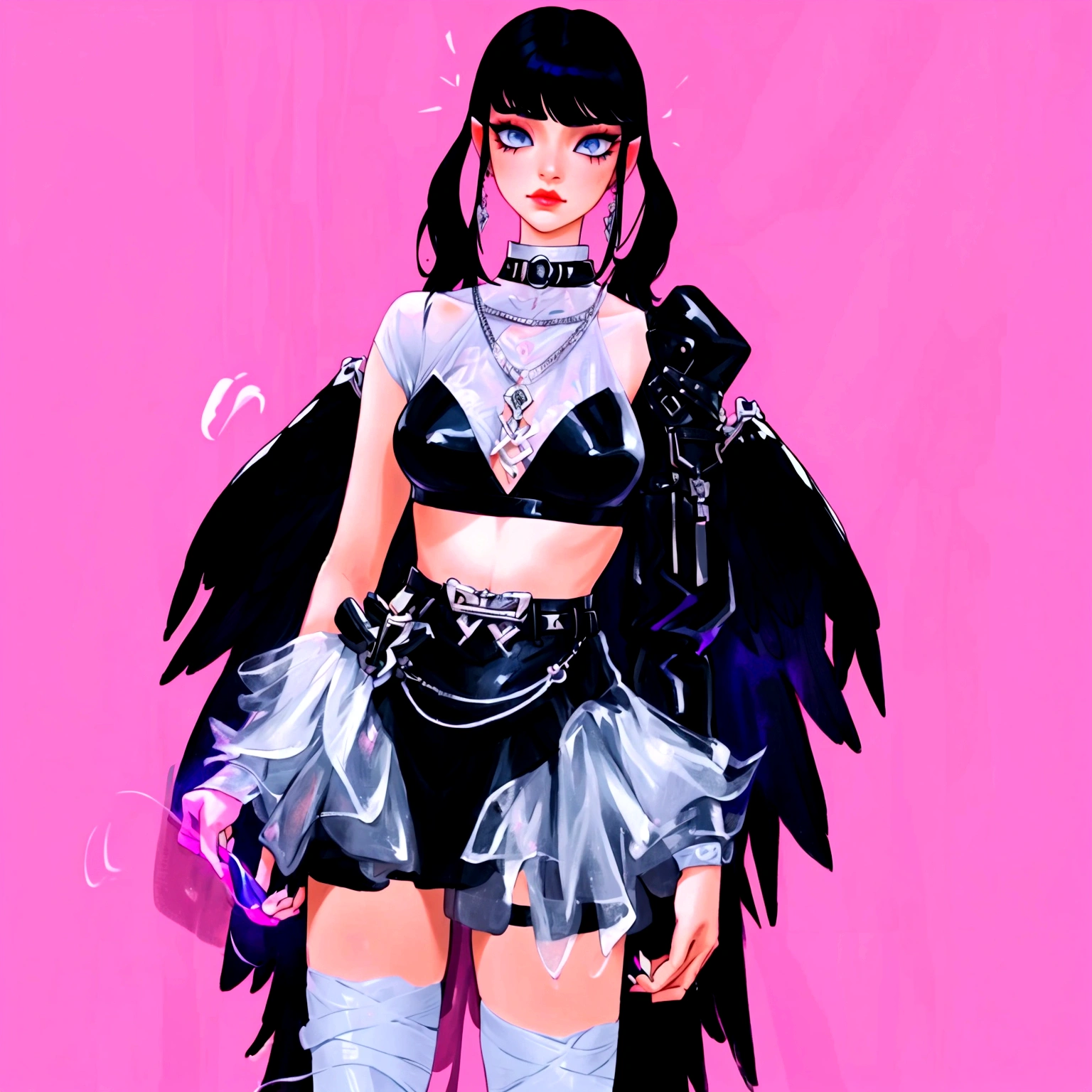 arafed image of a woman in a black outfit imvu, as a mystical valkyrie, villainess has black angel wings, second life avatar, inspired by Sim Sa-jeong, upper body avatar, goth girl aesthetic, she has black hair with bangs, portrait of jossi of blackpink, HD, Detailed, clear color, high quality