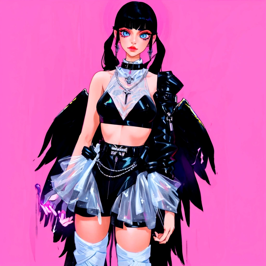 arafed image of a woman in a black outfit  imvu, as a mystical valkyrie, villainess has black angel wings, second life avatar, inspired by Sim Sa-jeong, upper body avatar, goth girl aesthetic, she has black hair with bangs, portrait of jossi of blackpink, HD, Detailed, clear color, high quality