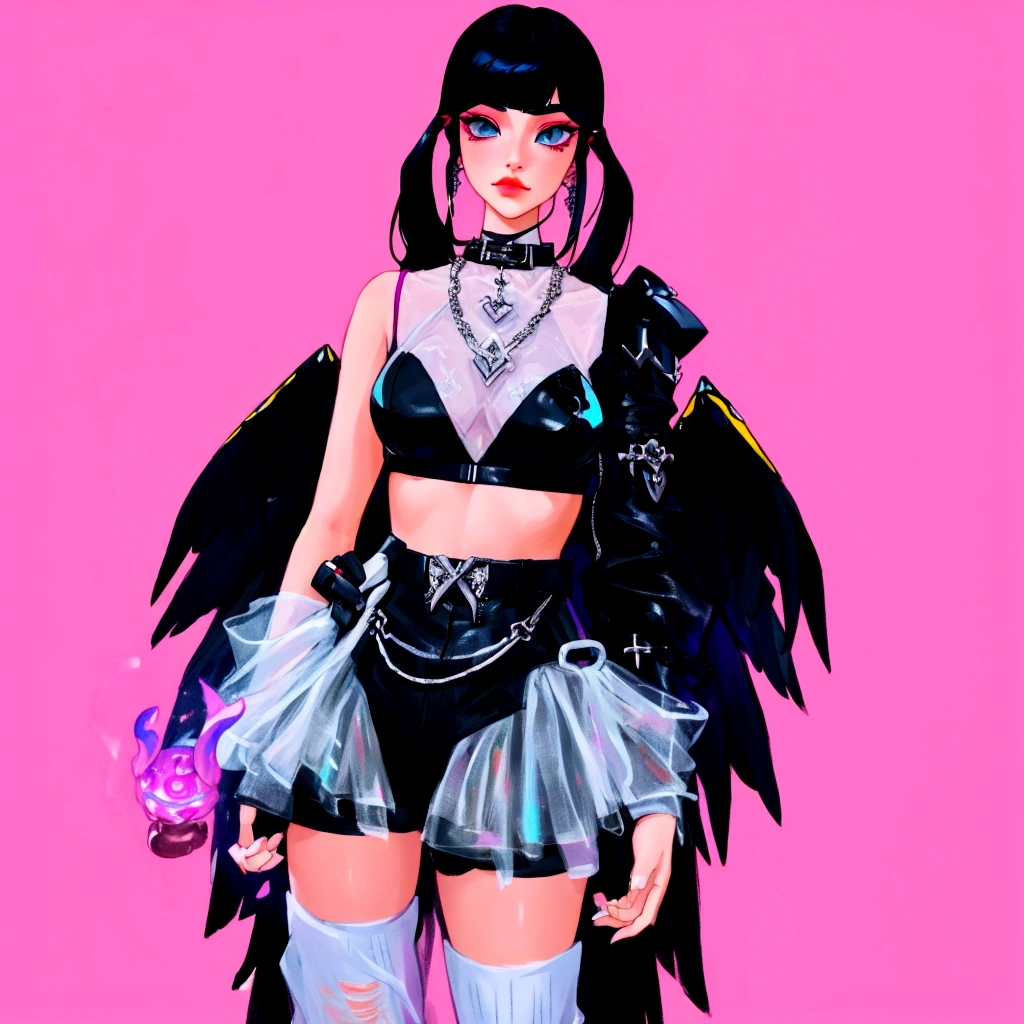 arafed image of a woman in a black outfit imvu, as a mystical valkyrie, villainess has black angel wings, second life avatar, inspired by Sim Sa-jeong, upper body avatar, goth girl aesthetic, she has black hair with bangs, portrait of jossi of blackpink, HD, Detailed, clear color, high quality
