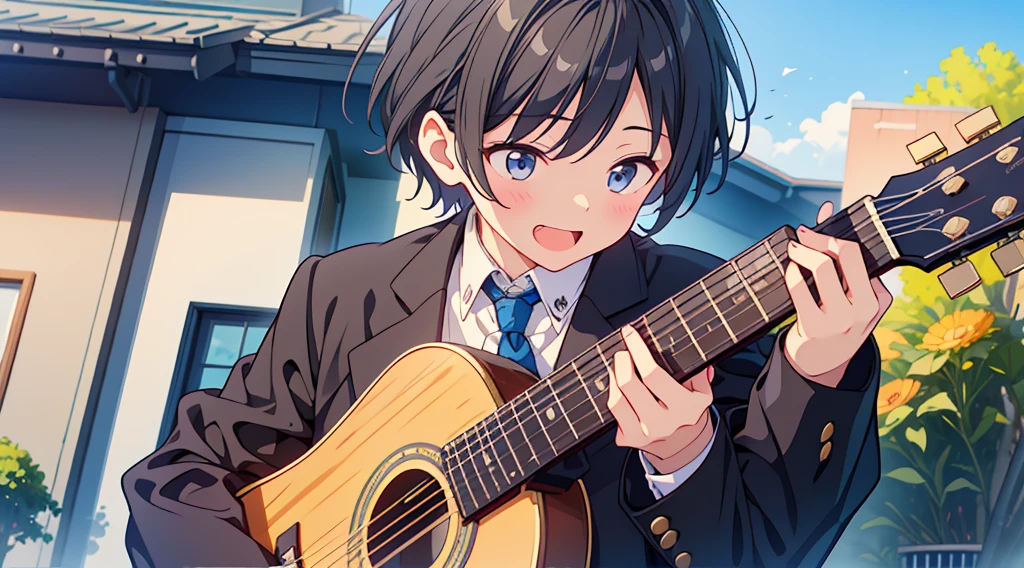 1boy、Highest quality, Ultra-high resolution, masterpiece, 8K quality,My son, a high school student, wears a black .、Blue tie、紺色guitarバッグを背負う、A mother seeing her son off to high school、 Laughing happily. There is a building in the background, Flat school building, Warm Spring.Face close-up、gakuran、guitar、