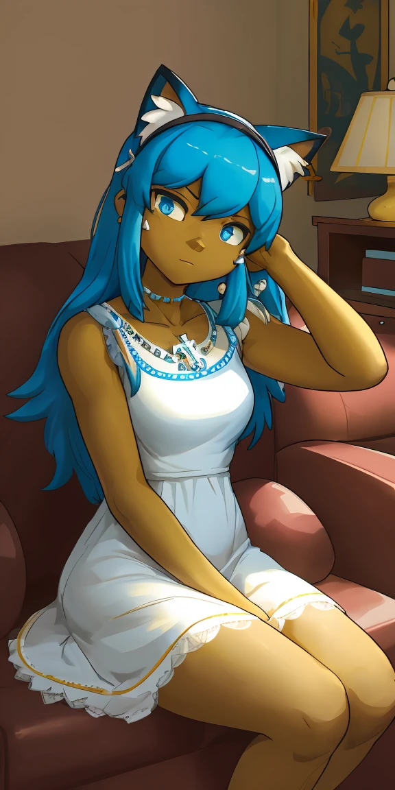 (Solitary), masterpiece, best quality,Eye, Animal Crossing Muscle, hairy, Blue Hair, Hair accessories, Yellow skin, 黑Eye, White Dress, Tail, Looking at the audience, Serious, Cross your legs, from_below, His sofa, Inside the living room, Hieroglyphics, high quality, masterpiece, 1 Girl，Cat ears，Dark skin tone，clothing，earrings，Jackal ears，Jewelry，Long hair, White Dress, Sit at your desk, She wrote a heartfelt letter, Her expression is both nostalgic and wistful, Dramatic Lighting, Detailed background, masterpiece, best quality, high quality, absurd, The award-winning, professional, Very detailed