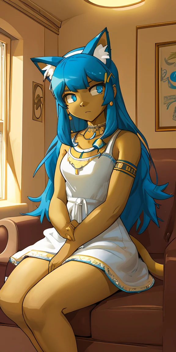 (Solitary), masterpiece, best quality,Eye, Animal Crossing Muscle, hairy, Blue Hair, Hair accessories, Yellow skin, 黑Eye, White Dress, Tail, Looking at the audience, Serious, Cross your legs, from_below, His sofa, Inside the living room, Hieroglyphics, high quality, masterpiece, 1 Girl,Cat ears,Dark skin tone,clothing,earrings,Jackal ears,Jewelry,Long hair, White Dress, Sit at your desk, She wrote a heartfelt letter, Her expression is both nostalgic and wistful, Dramatic Lighting, Detailed background, masterpiece, best quality, high quality, absurd, The award-winning, professional, Very detailed