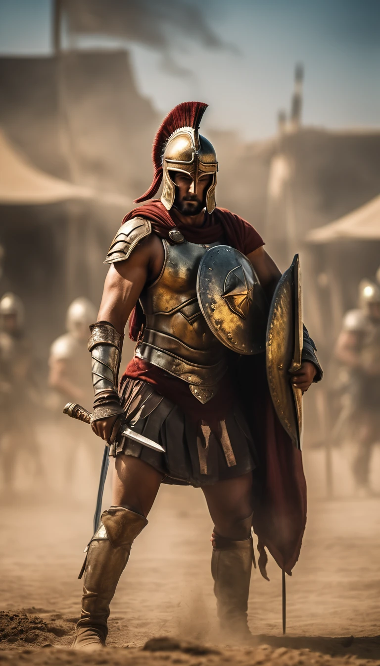 Create an image of a Spartan warrior covered in the dust and dirt of battle, yet standing tall and proud, battle atmosphere background, hyper realistic, ultra detailed hyper realistic, photorealistic, Studio Lighting, wearing a gold crown, reflections, dynamic pose, Cinematic, Color Grading, Photography, Shot on 50mm lens, Ultra-Wide Angle, Depth of Field, hyper-detailed, beautifully color, 8k