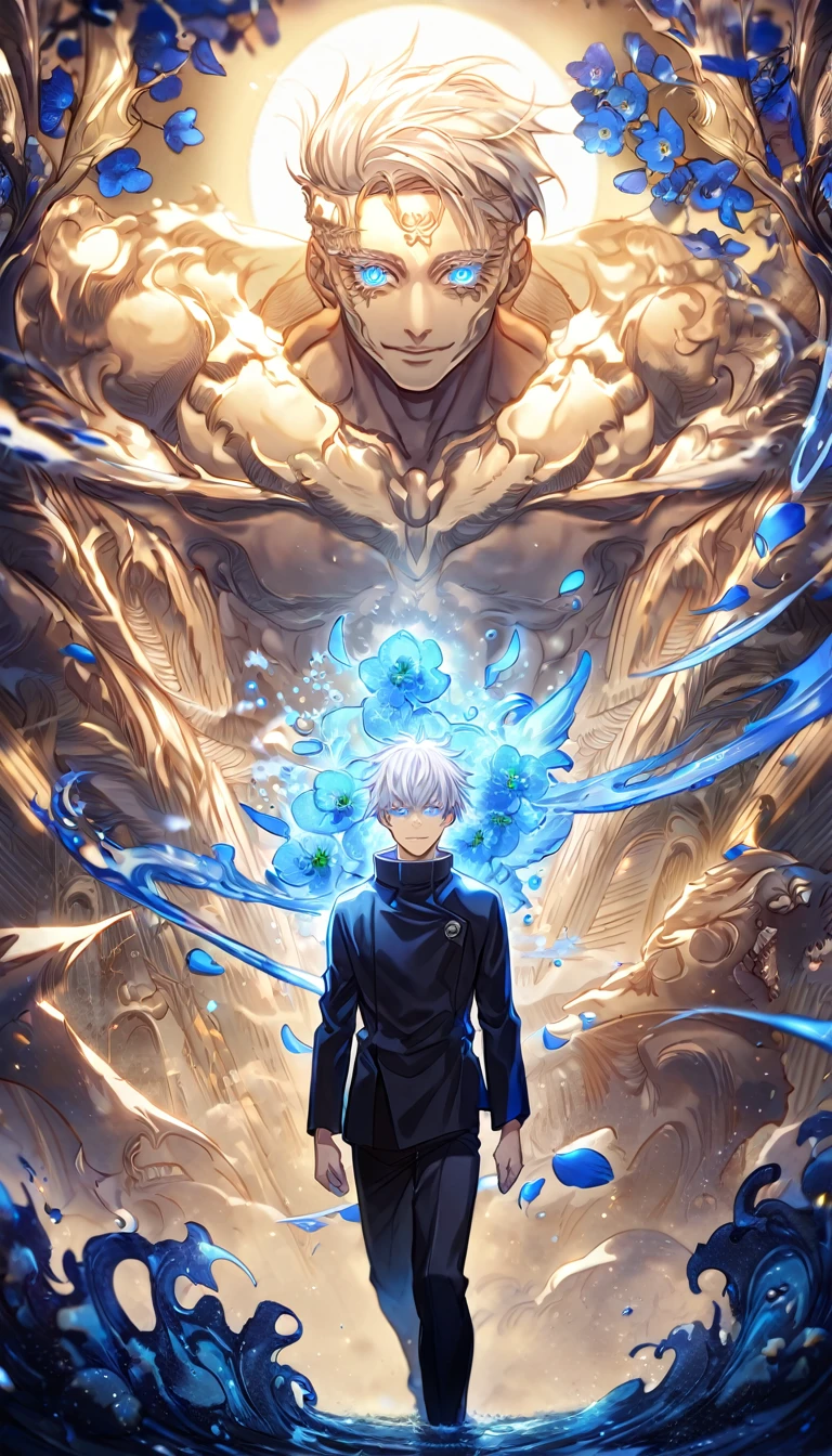 Ultra detailed, HDR, Highres, absurdres, master piece, Gojou Satoru, white hair with bangs, expressive blue eyes, white eyelashes, Jujutsu Kaisen, handsome, sexy man, solo, unlimited void, blue water, fantasy, magical, cursed energy, blue aura, blue petals, handsome smile, best quality, blue moon, forget-me-not flowers, inner domain, black pants, skulls