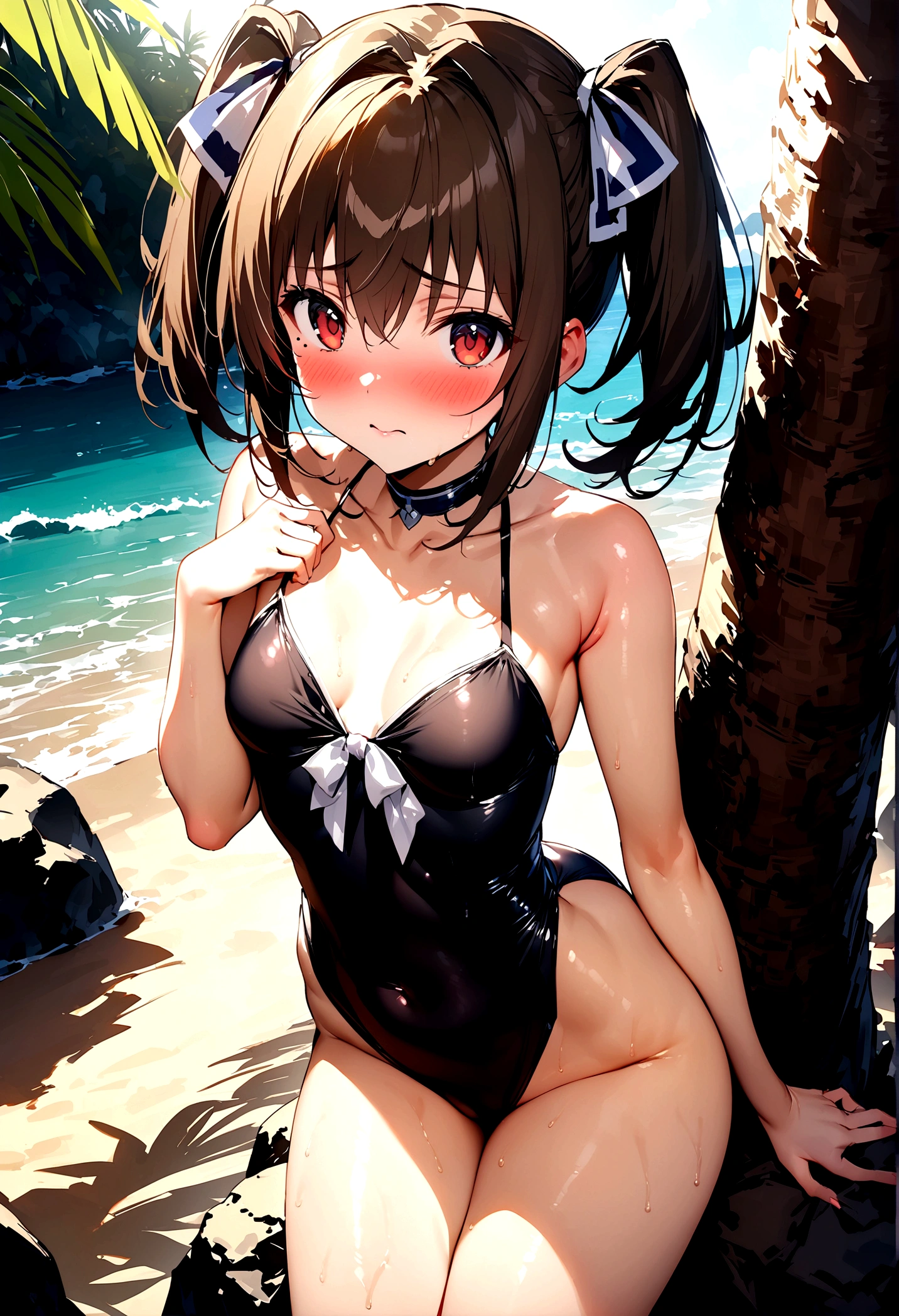 NSFW,masterpiece,Highest quality,High resolution,Super detailed,Nekone \(Utawarerumono\),Brown Hair、(Red Eye:1.3)、ribbon,Twin tails、ヘアribbon、Mole、目の下のMole,Small breasts,High-quality sexy swimwear,beach,Palm tree,Rock Shade,Embarrassed,blush,(Seduce)