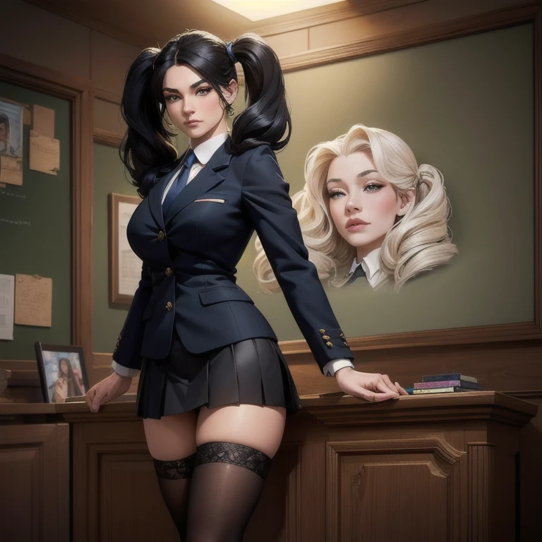 a beautiful young woman with long black hair in twin tails, beautiful detailed eyes, beautiful detailed lips, extremely detailed eyes and face, long eyelashes, wearing a blue blazer style uniform with tie and tight skirt, knee socks, standing in a anatomy club room, looking at the viewer with a sweet expression, surrounded by drawings of the human body on a blackboard, with a replica of the human bust on a table, (best quality, 4k, 8k, high resolution, masterpiece : 1.2), ultra-detailed, (realistic, photorealistic, photorealistic: 1.37 ), HDR, UHD, studio lighting, ultra-fine painting, sharp focus, physically based rendering, extreme detail depiction, professional, vivid colors, bokeh , portraits, photography, warm colors, dramatic lighting