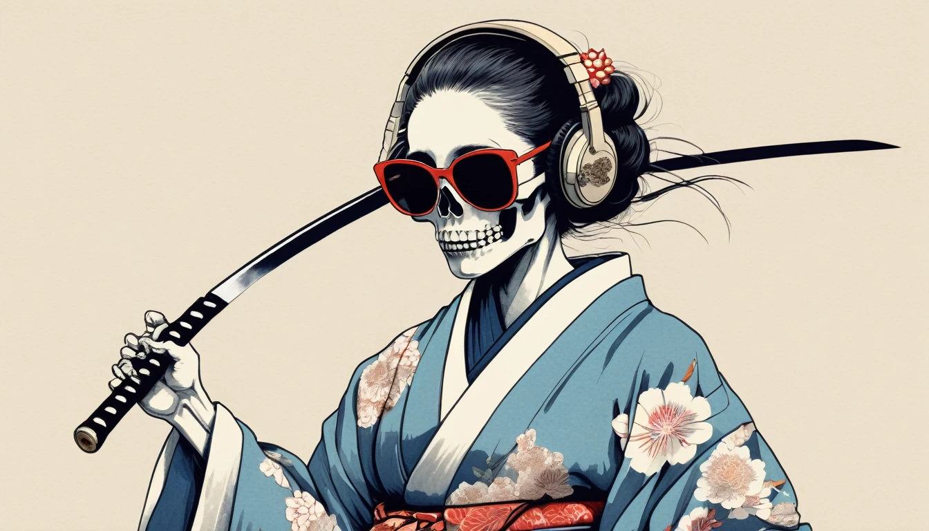 A female skeleton wearing a gorgeous kimono, Light colored sunglasses, Katsushika Hokusai, Ink Painting, Japanese style headphones, Holding a Japanese sword in one&#39;s mouth, Modern ukiyo-e style