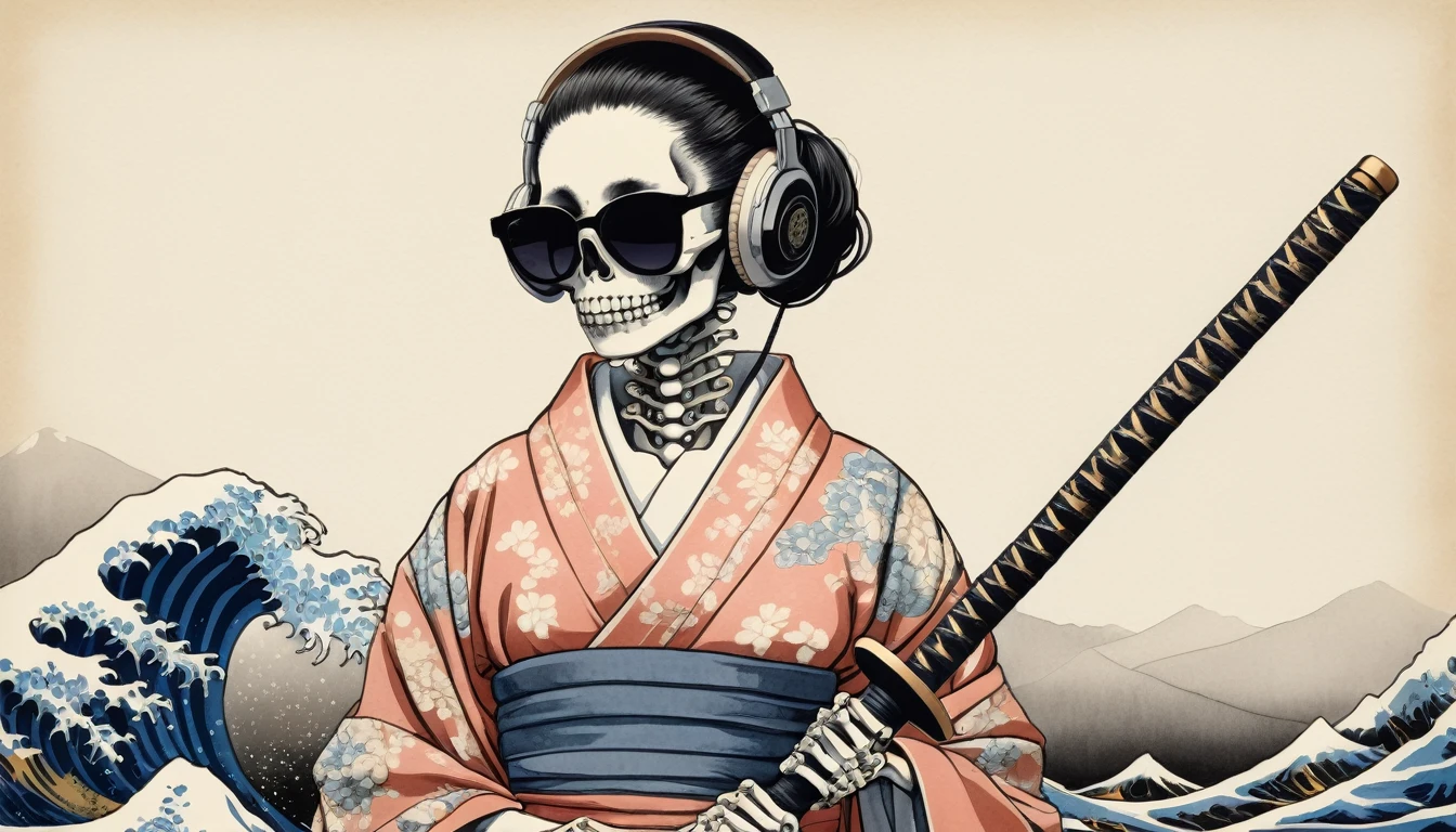 A female skeleton wearing a gorgeous kimono, Light colored sunglasses, Katsushika Hokusai, Ink Painting, Japanese style headphones, Holding a Japanese sword in one's mouth, Modern ukiyo-e style