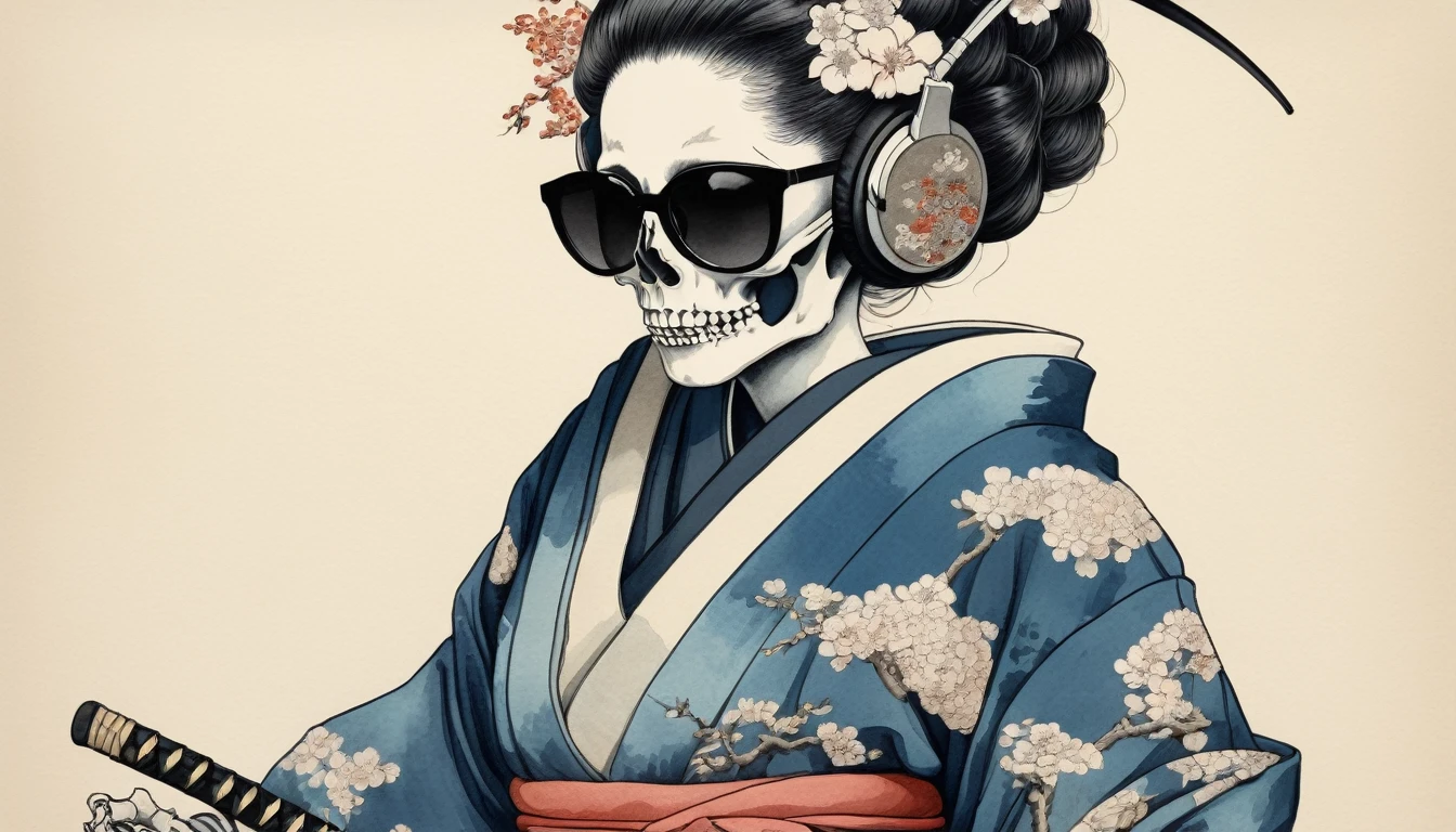 A female skeleton wearing a gorgeous kimono, Light colored sunglasses, Katsushika Hokusai, Ink Painting, Japanese style headphones, Holding a Japanese sword in one&#39;s mouth, Modern ukiyo-e style