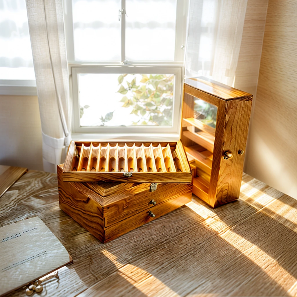In this cozy room,A ray of sunlight shone through the half-drawn curtains on the table,Let the wood grain on the watch storage box shine with a faint luster。There was a calm and peaceful atmosphere in the air around them。There are several still lifes hanging on the walls of the room,It adds a touch of elegance to the space。And on the other side of the room,The half-open window lets in the breeze,The pages on the small desk by the window turned in the wind,This quiet scene gives a sense of tranquility and comfort。