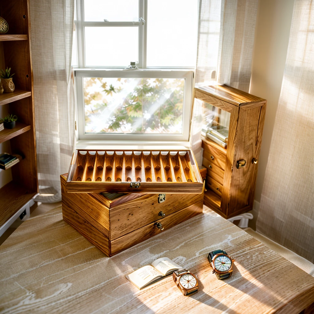 In this cozy room,A ray of sunlight shone through the half-drawn curtains on the table,Let the wood grain on the watch storage box shine with a faint luster。There was a calm and peaceful atmosphere in the air around them。There are several still lifes hanging on the walls of the room,It adds a touch of elegance to the space。And on the other side of the room,The half-open window lets in the breeze,The pages on the small desk by the window turned in the wind,This quiet scene gives a sense of tranquility and comfort。