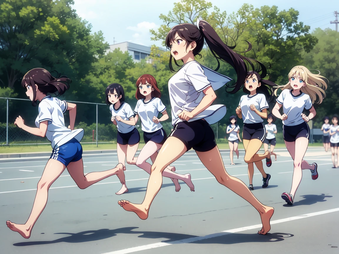 Several girls、Let me dash,Girls running at full speed,,gym shirts,Highest quality,back view,1990s anime style,White shirt and blue bloomers,Angry expression,barefoot,A group of several girls,体操服と青いブルマを着たbarefootの女子たちが、Standing in a row、I run desperately through the schoolyard.,The girls are barefoot,The girls were sweating、Running with a tired look,