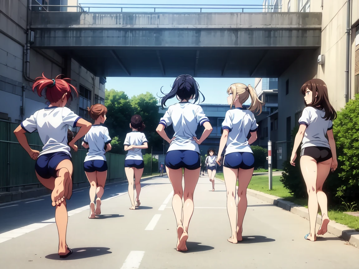 Several girls、Let me dash,Girls running at full speed,,gym shirts,Highest quality,back view,1990s anime style,White shirt and blue bloomers,Angry expression,barefoot,A group of several girls,体操服と青いブルマを着たbarefootの女子たちが、Standing in a row、I run desperately through the schoolyard.,The girls are barefoot,The girls were sweating、Running with a tired look,