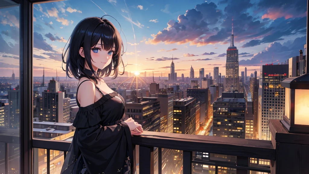 (UHD, super detail, best quality, highres),black hair, blue eyes, hair over shoulder, medium hair, smile, anime, anime style, (Delicate nigt view of the city)