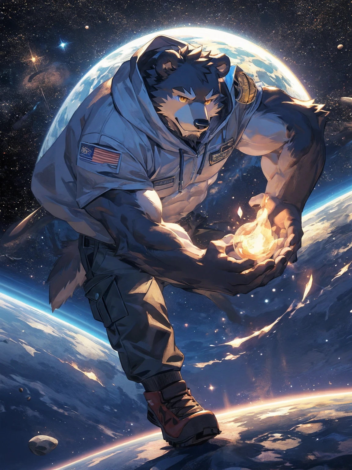 (masterpiece:1.2), best quality,pixiv,official art,perfect anatomy, (Ray tracing, light),solo, (1_male:1.3) , (muscle), (grey fur:1.4), (muscle bear), (beard:1.2), (gleaming golden eyes), bear tail, full body, Thick black eyebrows,(open hooded parka), (naked inside), (cargo pants:1.2), boots , (in the space:1.3) , star , planet , earth , asteroid , (character floating :1.3)