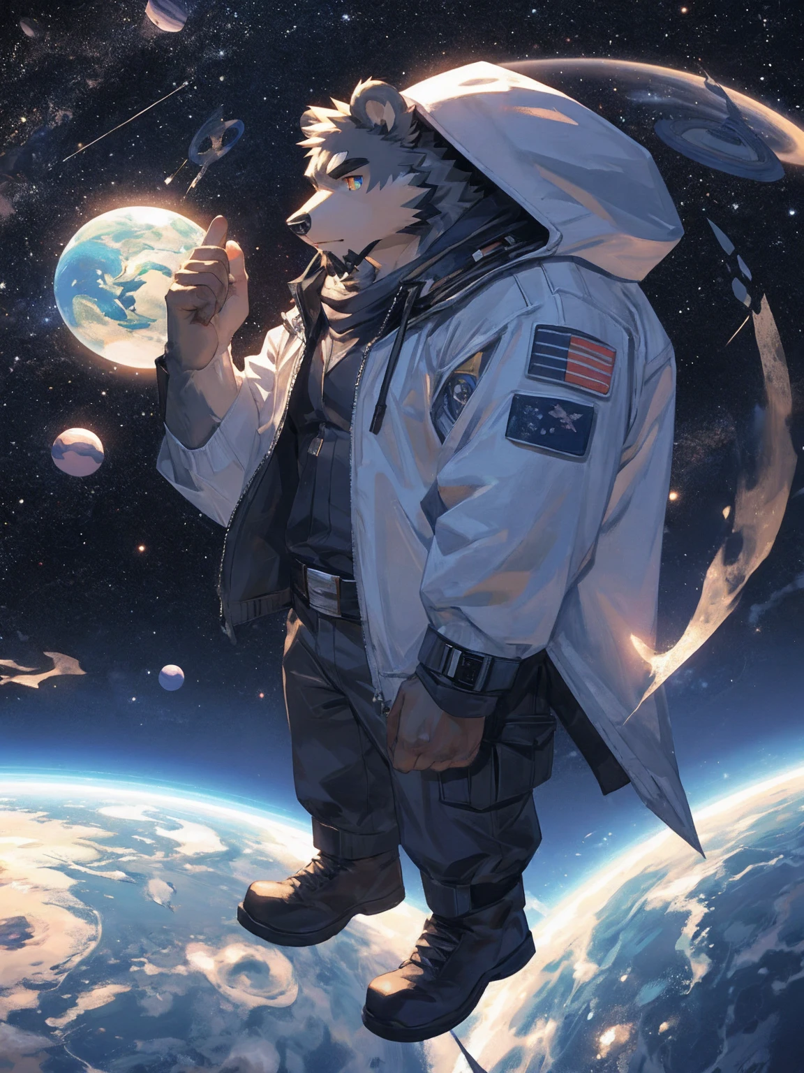 (masterpiece:1.2), best quality,pixiv,official art,perfect anatomy, (Ray tracing, light),solo, (1_male:1.3) , (muscle), (grey fur:1.4), (muscle bear), (beard:1.2), (gleaming golden eyes), bear tail, full body, Thick black eyebrows,(open hooded parka), (naked inside), (cargo pants:1.2), boots , (in the space:1.3) , star , planet , earth , asteroid , (character floating :1.3)