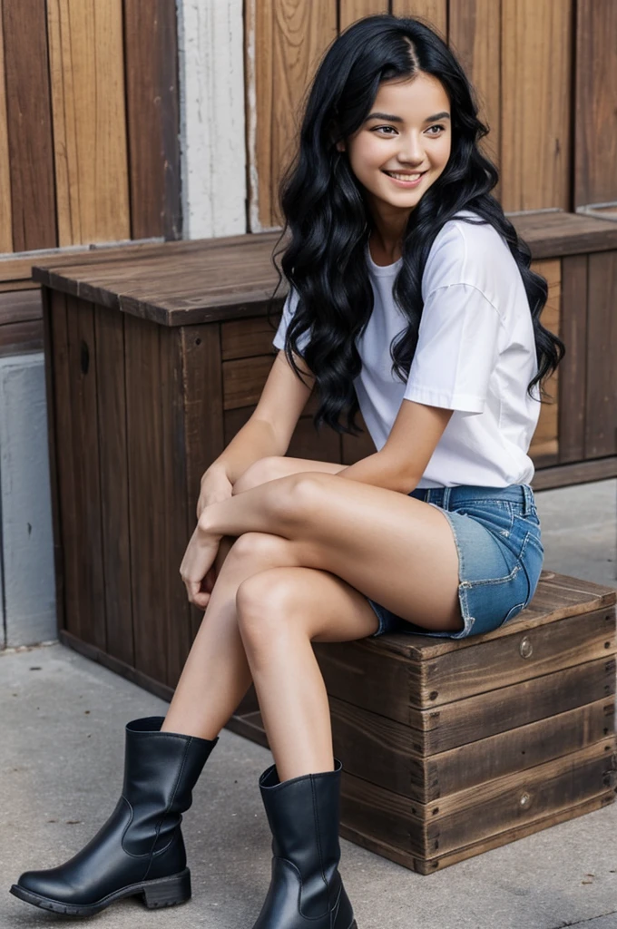 A girl with black hair, long and wavy, He had red eyes and wore blue shorts and had a white shirt and black boots., He was sitting on a wooden box while smiling..