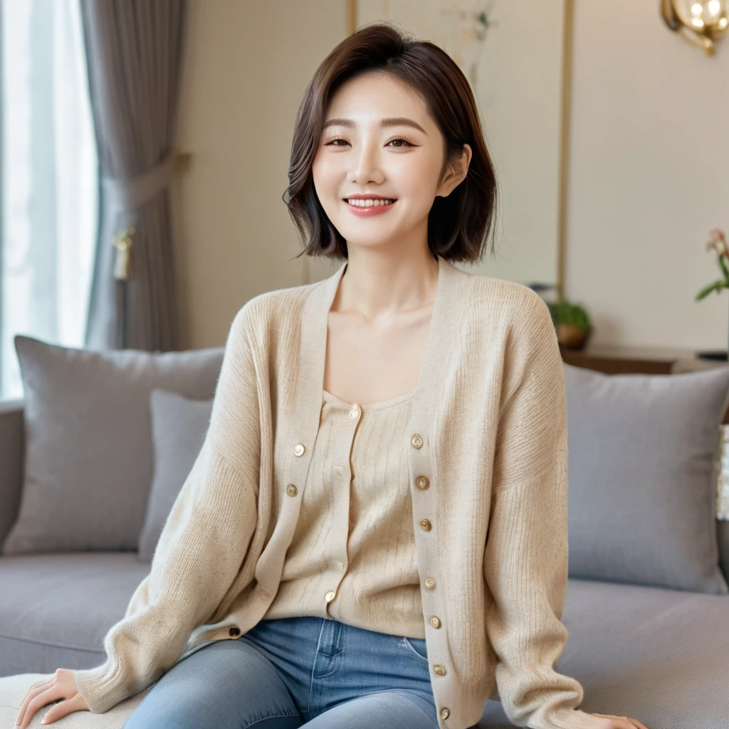 8k best picture quality, Beautiful 36-year-old Korean woman, The eyes are big, round and clear.. smile. short medium hair. Chest size 34 inches, Wearing a cardigan and beige jeans. luxury mansion living room, sit on the sofa and watch tv, full body shot, Your eyes are big and pretty