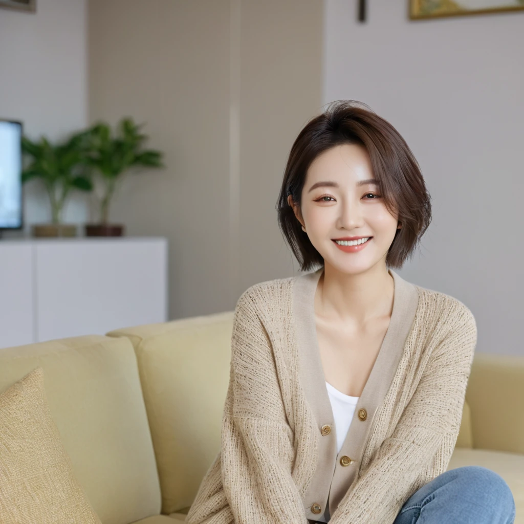 8k best picture quality, Beautiful 36-year-old Korean woman, The eyes are big, round and clear.. smile. short medium hair. Chest size 34 inches, Wearing a cardigan and beige jeans. luxury mansion living room, sit on the sofa and watch tv, full body shot, Your eyes are big and pretty