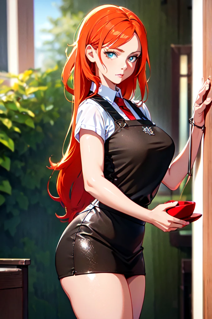 A young female tavernkeeper , red-haired, blonde brown hair, wear a short tight dress with a leather apron, 21 years old, DND, medieval fantasy, (best quality,4k,8k,highres,masterpiece:1.2), ultra-detailed, anime:1.37), vibrant, 