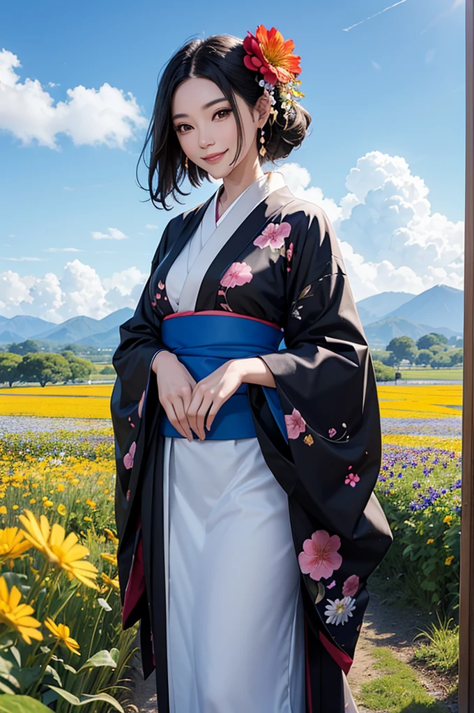 A beautiful woman with black hair and a kimono greets you with a smile, with a flower field in the background under a blue sky