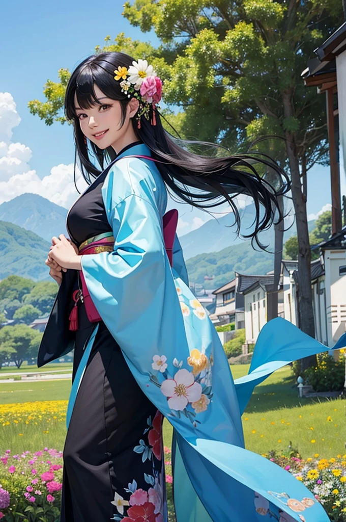 A beautiful woman with black hair and a kimono greets you with a smile, with a flower field in the background under a blue sky