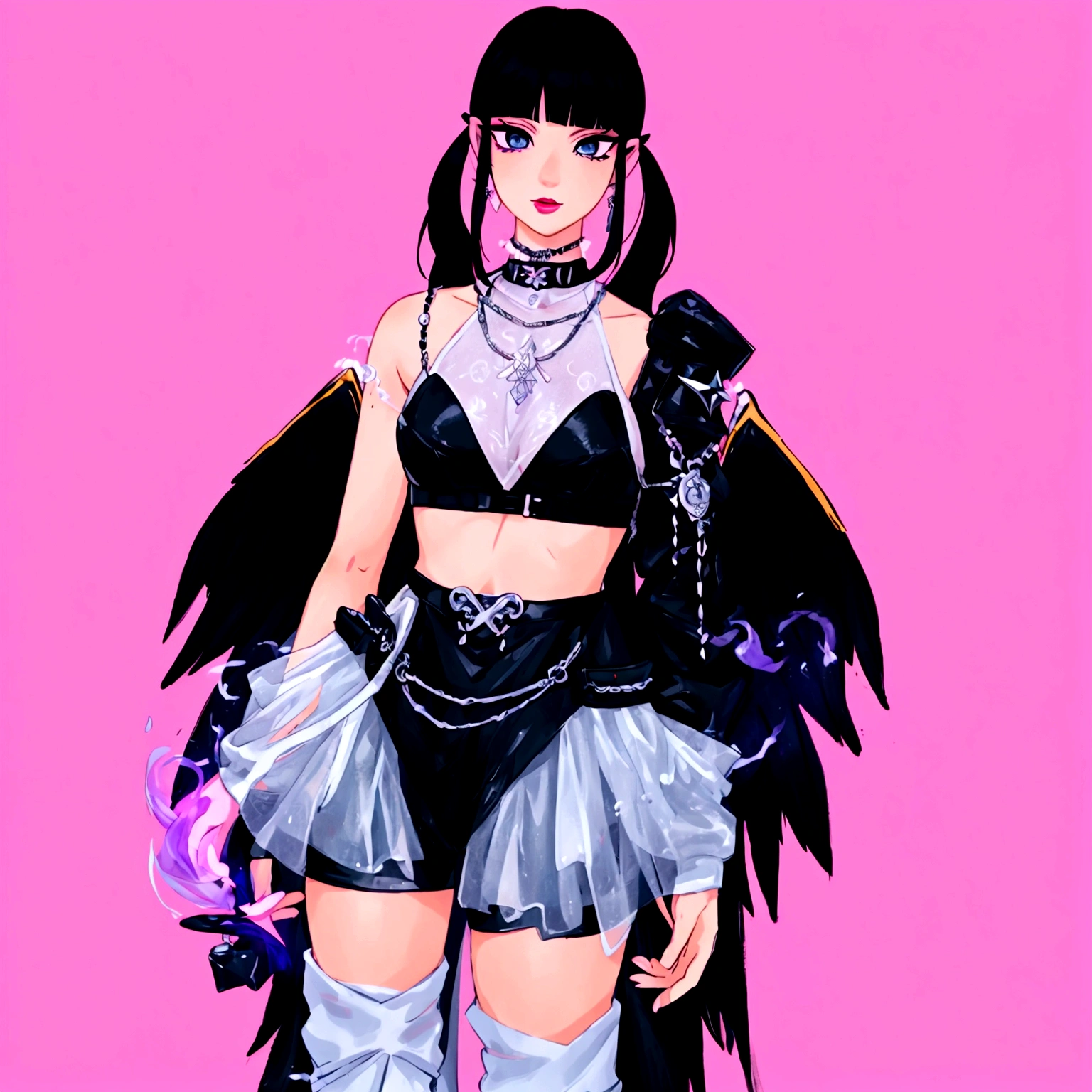 arafed image of a woman in a black outfit imvu, as a mystical valkyrie, villainess has black angel wings, second life avatar, inspired by Sim Sa-jeong, upper body avatar, goth girl aesthetic, she has black hair with bangs, portrait of jossi of blackpink, HD, Detailed, clear color, high quality