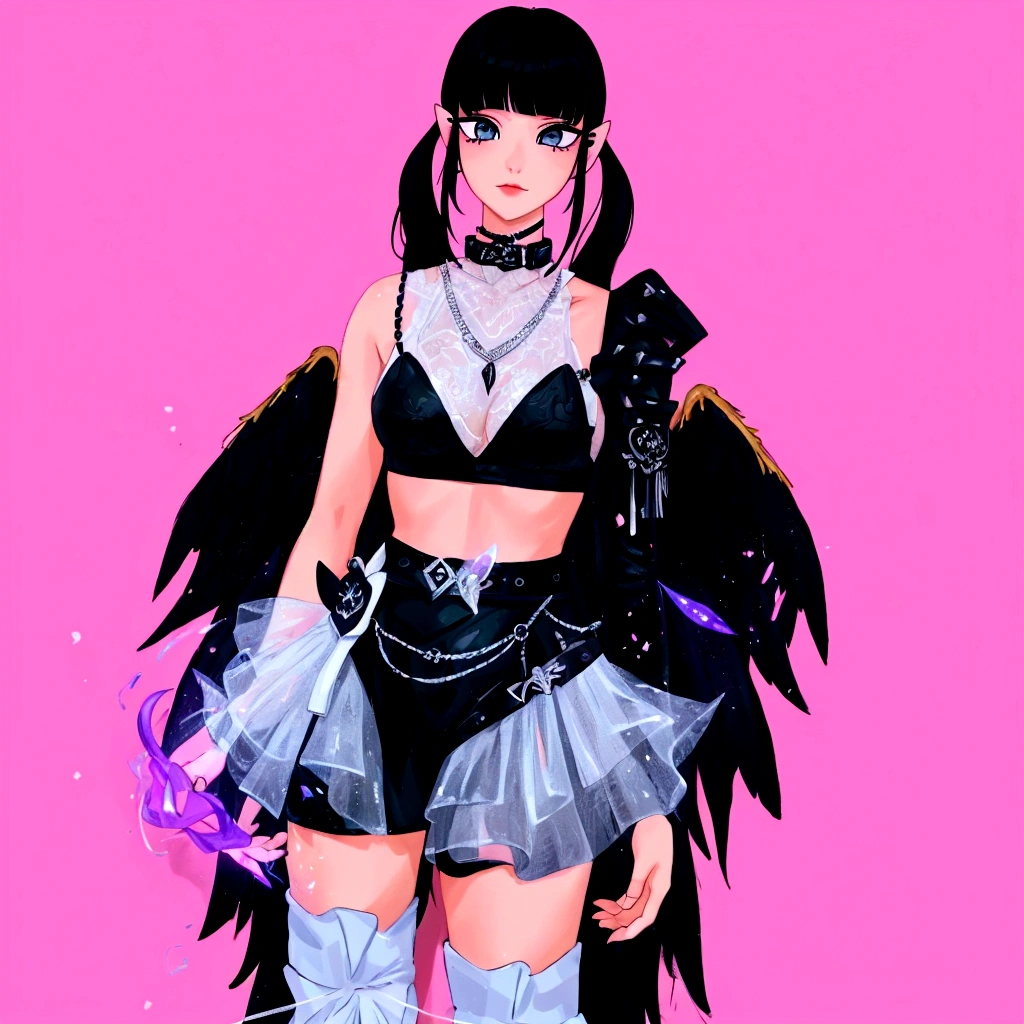 arafed image of a woman in a black outfit imvu, as a mystical valkyrie, villainess has black angel wings, second life avatar, inspired by Sim Sa-jeong, upper body avatar, goth girl aesthetic, she has black hair with bangs, portrait of jossi of blackpink, HD, Detailed, clear color, high quality