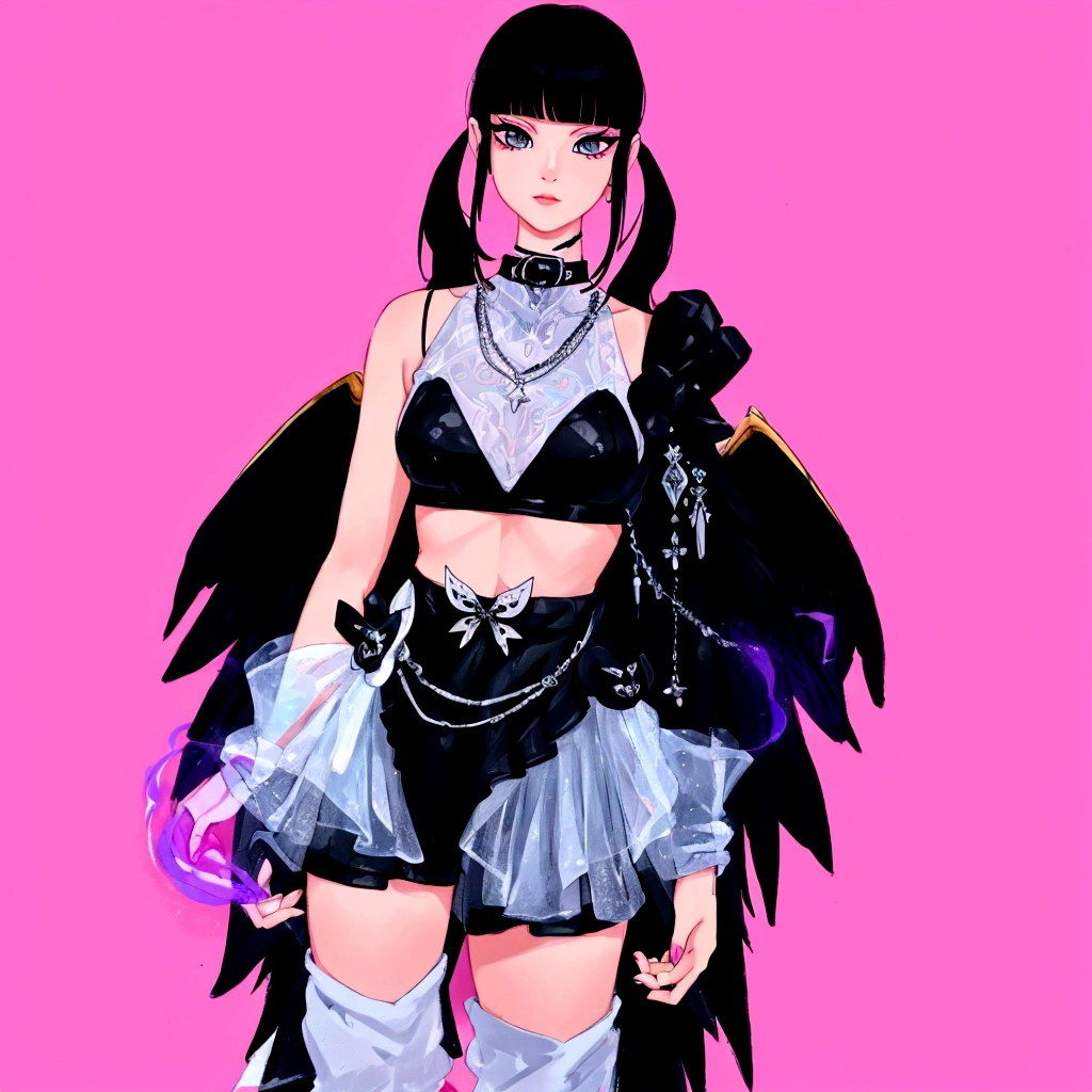 arafed image of a woman in a black outfit  imvu, as a mystical valkyrie, villainess has black angel wings, second life avatar, inspired by Sim Sa-jeong, upper body avatar, goth girl aesthetic, she has black hair with bangs, portrait of jossi of blackpink, HD, Detailed, clear color, high quality
