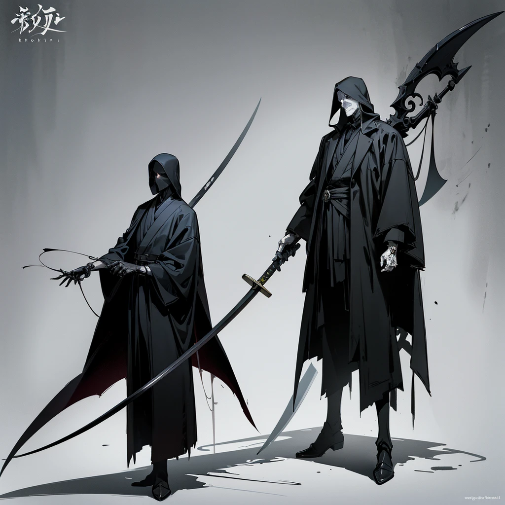 Drawing of a man holding a Japanese sword, Scythe design, the Angel of Death, Angel of Death, Full body concept, Spooky and gloomy art style, Detailed but rough, Pure black body, detailed Full body concept, Grim Reaper Illustration, Demon Soul concept art, skeleton with extra fleshy bits, dark souls concept, Dark skin