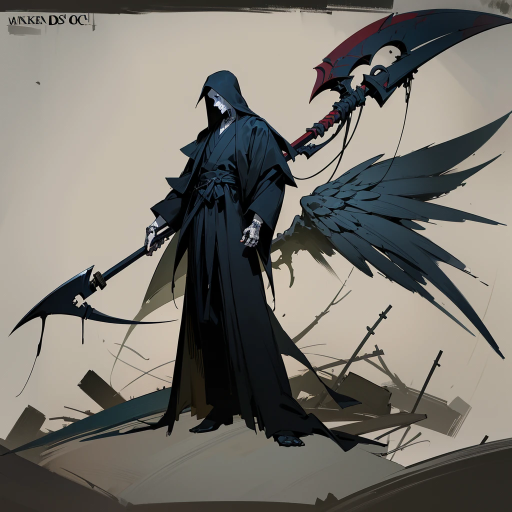 Drawing of a man holding a Japanese sword, Scythe design, the Angel of Death, Angel of Death, Full body concept, Spooky and gloomy art style, Detailed but rough, Pure black body, detailed Full body concept, Grim Reaper Illustration, Demon Soul concept art, skeleton with extra fleshy bits, dark souls concept, Dark skin