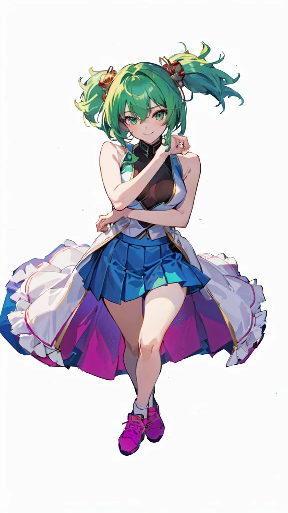 Green hair blue skirt anime girl, Wear漂亮裙子的cute动漫女孩, Kushat Krenz Key Women in Art, Anime cute art style, Wear, Beautiful and charming anime woman, Official Character Art, Attractive anime girl,Macross Delta Inkjet Art, 蓝Green Hair的动漫女孩, female anime character,Lively standing posture,enchanting,,absurd, ultra detailed, masterpiece, best quality, Aesthetic, detailed, Solitary, Smile, 1 Girl, Aqua eyes, Double tail, 长度中等的Double tail, 有点乱的Double tail,Hair between the eyes, Bangs, crossed Bangs, Messy hair, Small Breasts, Shut up,Sleeveless shirt, Open coat, turtleneck, Purple sneakers, Half-taken off purple coat, Card issuance, Girl,Green Hair,Green Hair,Green Hair,Green Hair,thin,Thin legs,Charming pose,Sexy,Sexy,Red hair accessories,Ball between legs,Red and white ball,clown女,clown妆容,Purple skirt,Blue skirt,Ultra-clear,Ultra-clear,Looking at the camera,Full body portrait,Small breasts,Height 150cm,cute,Exaggerated smile,Six-headed body,Petite,slim,a beautiful Girl,Thin waist,clown,Ball between legs,Emerald green underwear,腿中间夹着Red and white ball,Right hand on the face,Left-handed scissorhands,Correct proportions