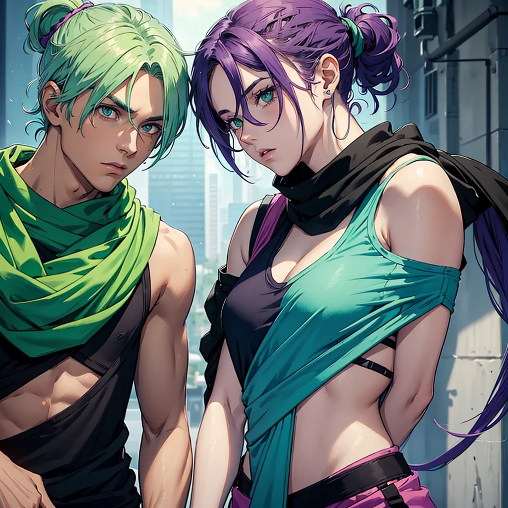 2 people. Male, long light blue-green hair tied in a ponytail, slightly brown skin, green eyes With a purple scarf and a black sleeveless t-shirt.. 

The other female character, short pink hair, Light blue-almost green eyes dressed like royalty. 