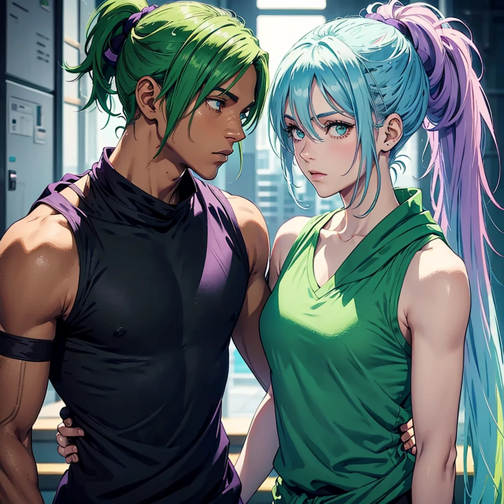 2 people. Male, long light blue-green hair tied in a ponytail, slightly brown skin, green eyes With a purple scarf and a black sleeveless t-shirt.. 

The other female character, short pink hair, Light blue-almost green eyes dressed like royalty. 