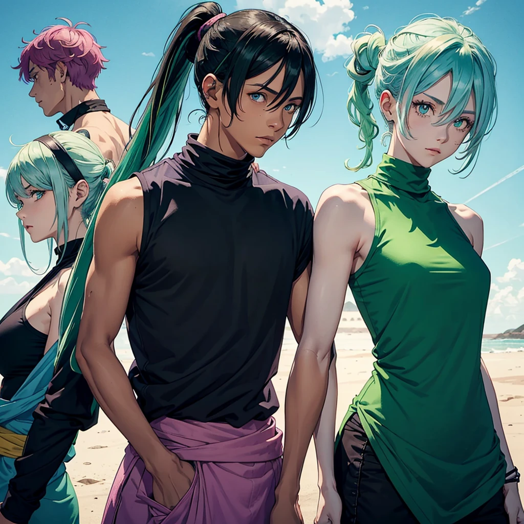 2 people. Male, long light blue-green hair tied in a ponytail, slightly brown skin, green eyes With a purple scarf and a black sleeveless t-shirt..
The other female character, short pink hair, Light blue-almost green eyes dressed like royalty.