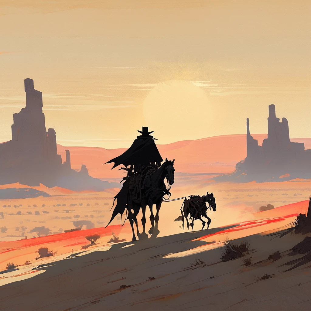 1man,Old West, Desert, scorching sun, silhouette, gloomy, black clothes, gunslinger, horizon, from far, Oil paint, black and white, horse, cape, red sun, Skull, living dead, skeleton 