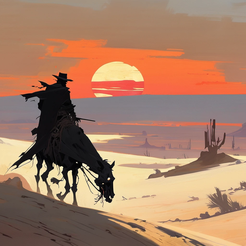 1man,Old West, Desert, scorching sun, silhouette, gloomy, black clothes, gunslinger, horizon, from far, Oil paint, black and white, horse, cape, red sun, Skull, living dead, skeleton 