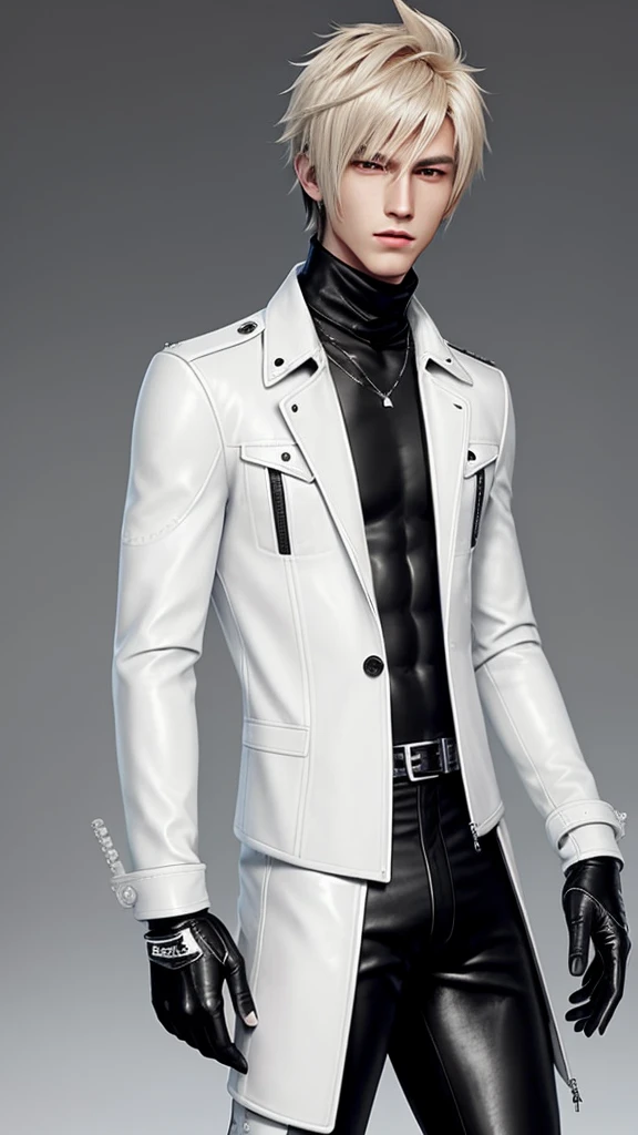 Final fantasy taste and reality graphics, Japanese young cute and cool ikemen boy, his age is early 20s, thin eyebrows and beady eyes, he wearing off white color leather thick material jacket, jacket is singlebrest, biker style jacket, with epaulet, jacket is long sleeve, must close the front of the leather jacket, , jacket is voluminous, ,must jacket is high length and stand-up collar with two belts, jacket is a little black color line pattern,close the front of the jacket, also wearing black thick material turtleneck lackluster shirts, tight black leather pants, shiny black leather tight and thin glove, black leather knee-high raceup boots,must views head-to-toe,must views whole body, boy looks like fashion model,Do not show skin from the neck down,leather jacket leather glove and leather pants have few wrinkles,boy in the room,