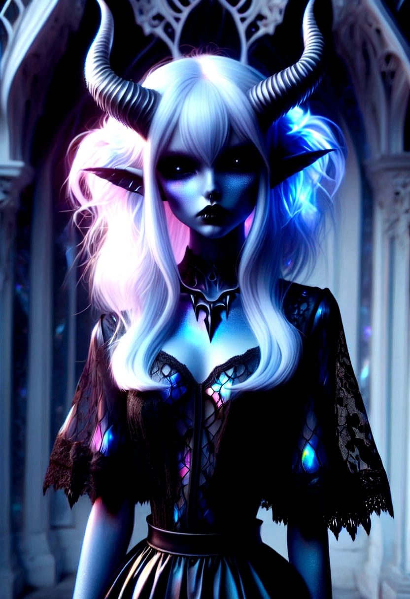 pale demon girl , (prismatic coloring, holographic vibe, chromatic:1.2) black lace blouse, gothic background, (long straight horns:1.2) sneakers with socks,