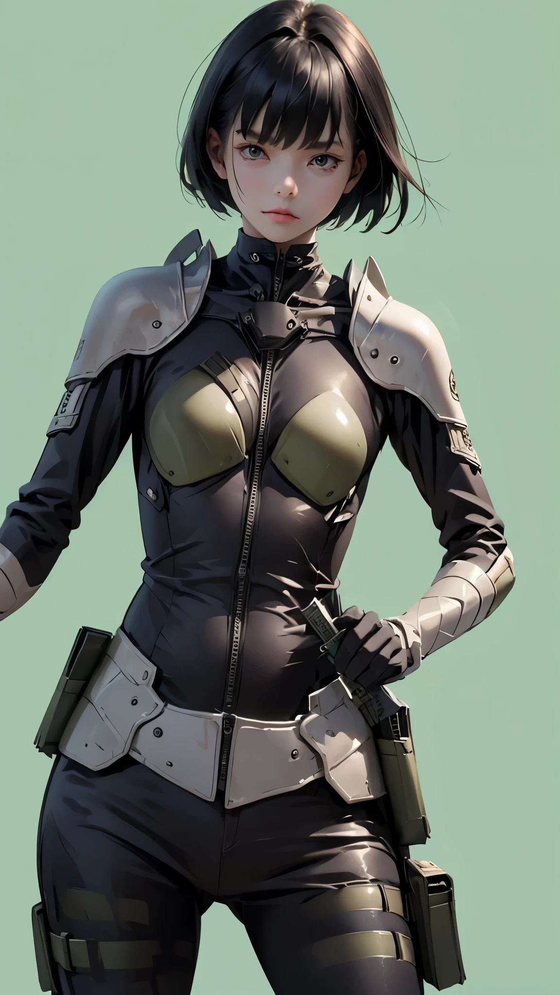 Black Hair、Shortcuts、Asian、Battle Suit、22 years old、woman、knife、Simple Background