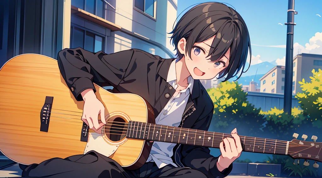 1boy、Highest quality, Ultra-high resolution, masterpiece, 8K quality,My son, a high school student, wears a black .、紺色guitarケーズを背負う、A mother seeing her son off to high school、 Laughing happily. There is a building in the background, Flat school building, Warm Spring.Face close-up、gakuran、guitar、