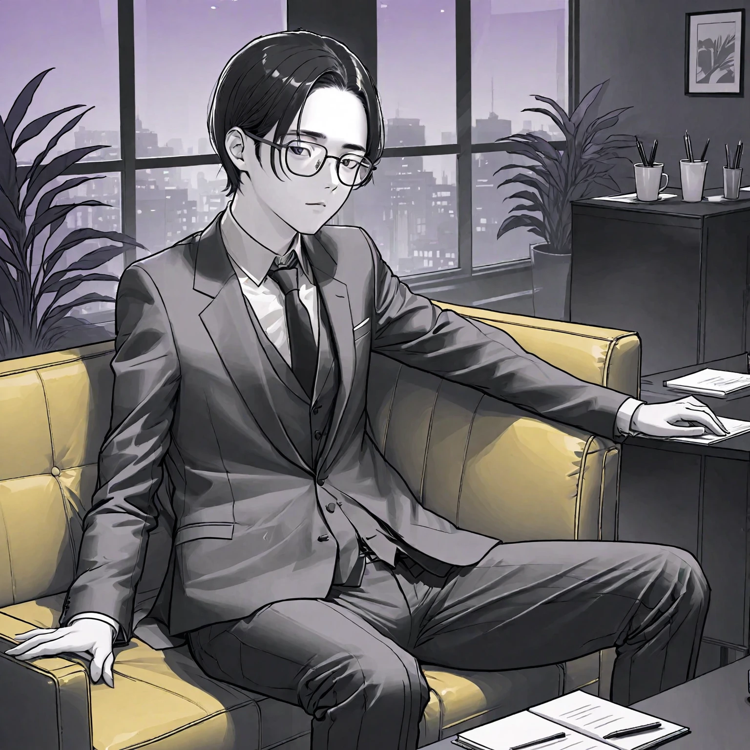 A man wearing glasses，Wearing a gray and black suit，Company executives，Sitting on the sofa in the office。Line drawing style，Suspenseful dark style。Black and White、yellowish、Lilac main color。